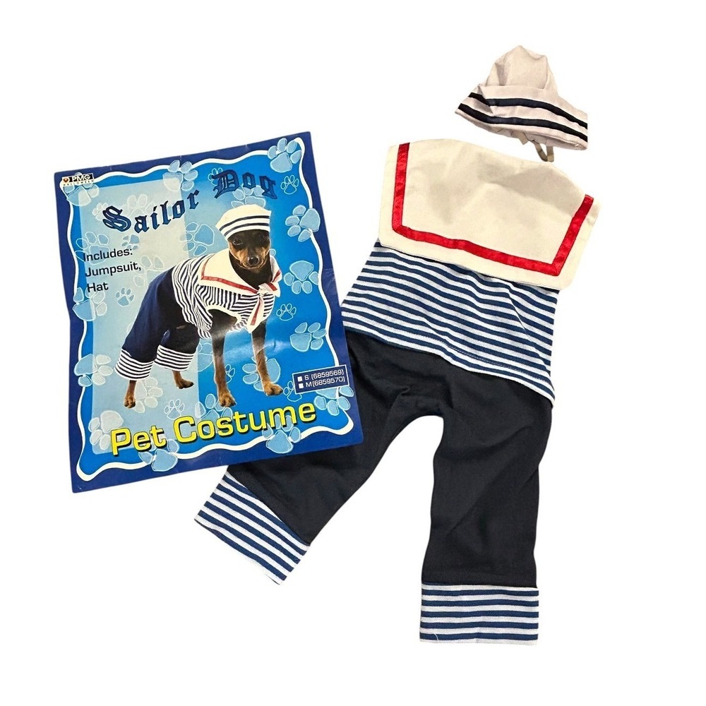 PMG Halloween Sailor Dog Pet Costume Blue White Stripe Jumpsuit Hat Nautical